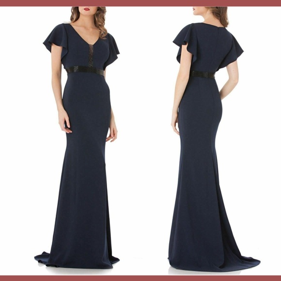 NEW $480 Carmen Marc Valvo Draped & Beaded‎ Gown in Midnight Blue [SZ 10 ] - Picture 1 of 8